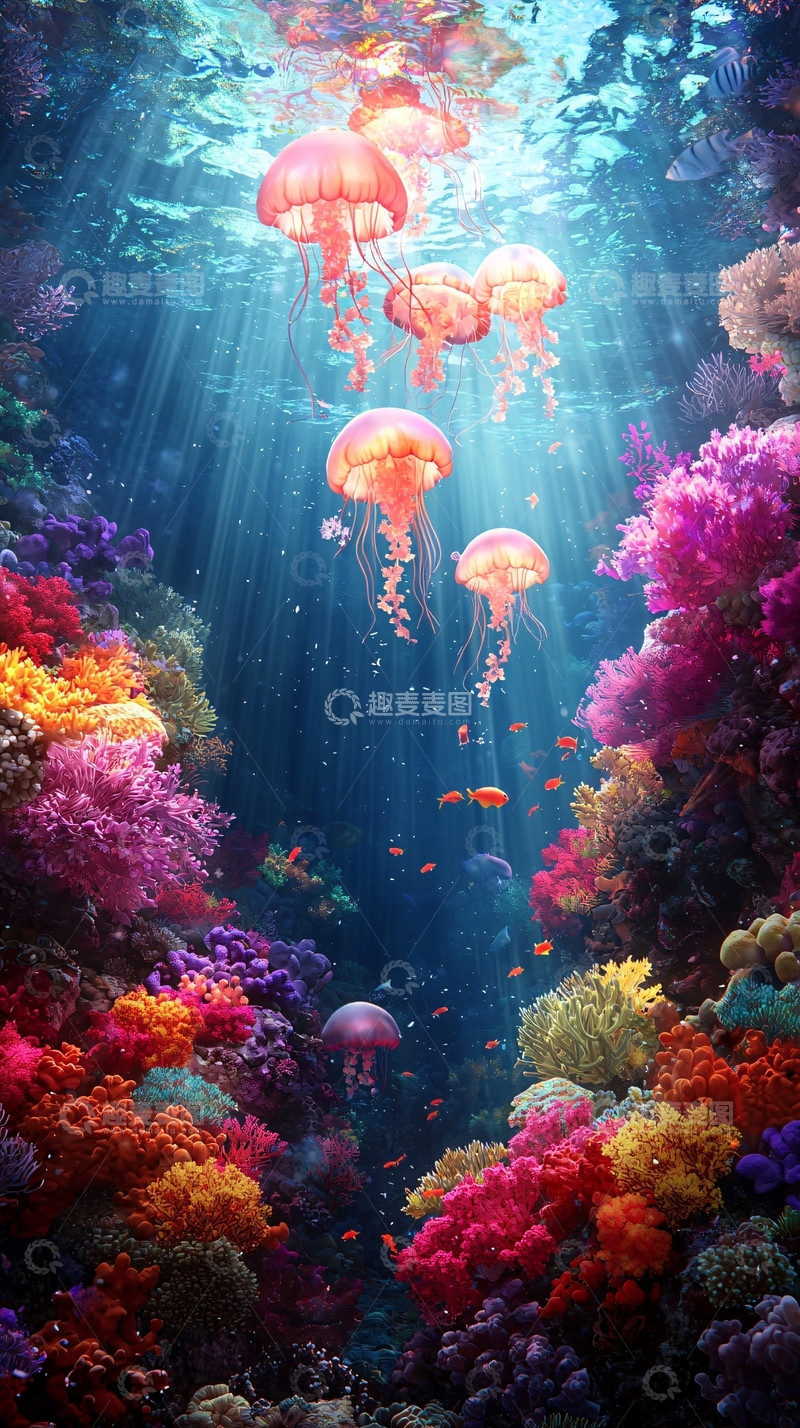 高清大图下载【趣麦麦图】水母在珊瑚礁中游动