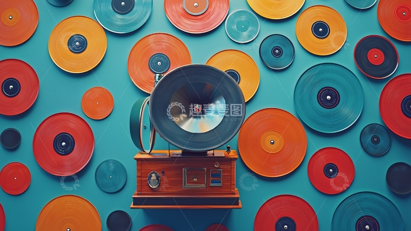 高清大图下载【趣麦麦图】唱片墙面上的留声机