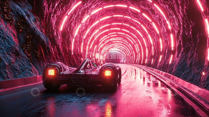 高清大图下载【趣麦麦图】霓虹灯隧道中的汽车