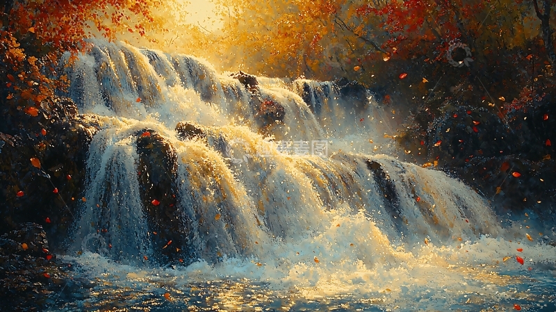 高清大图下载【趣麦麦图】秋日瀑布光影梦幻