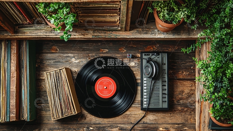 高清大图下载【趣麦麦图】复古黑胶唱片与绿植