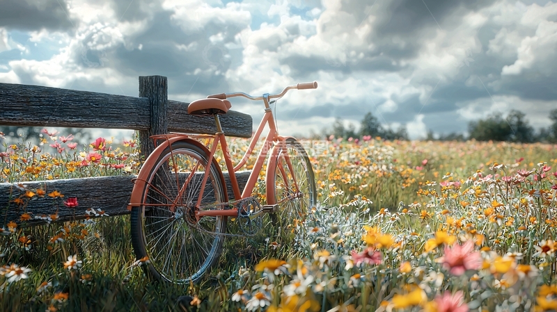 高清大图下载【趣麦麦图】自行车停在花丛旁
