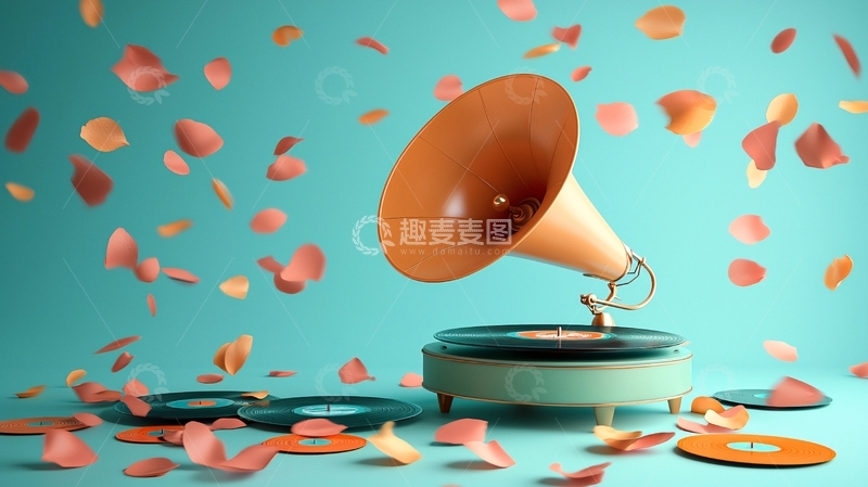 高清大图下载【趣麦麦图】留声机与花瓣飞舞