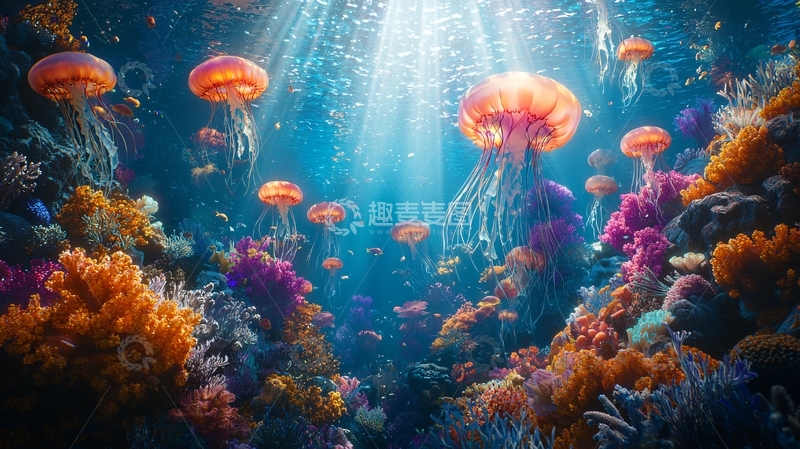 高清大图下载【趣麦麦图】水母在珊瑚礁中畅游