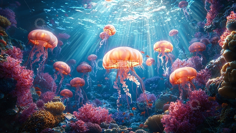 高清大图下载【趣麦麦图】水母在珊瑚礁中游动