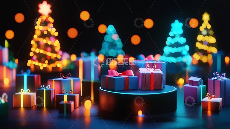 高清大图下载【趣麦麦图】霓虹圣诞树与礼物