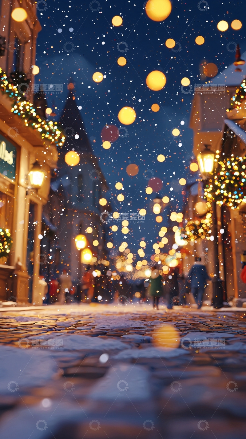 高清大图下载【趣麦麦图】下雪的圣诞节街道夜景