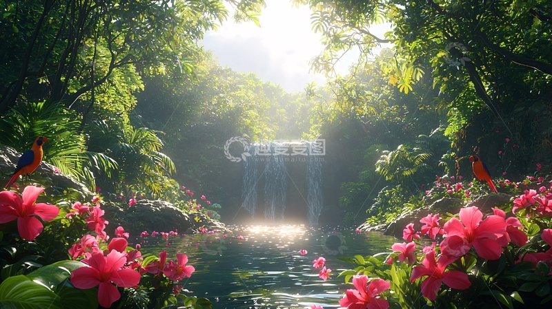 高清大图下载【趣麦麦图】热带雨林瀑布花卉景观