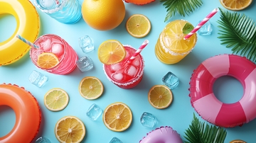 夏季饮品与泳圈俯视图