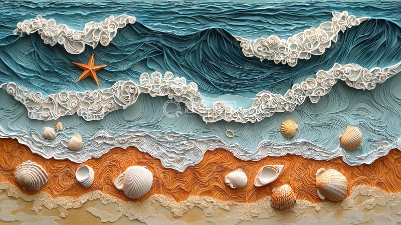 高清大图下载【趣麦麦图】海滩贝壳与海浪艺术效果图