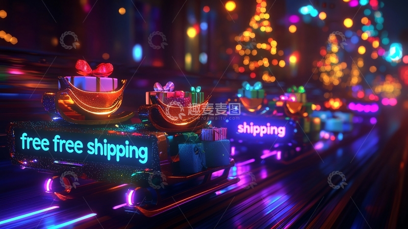 高清大图下载【趣麦麦图】霓虹灯圣诞礼物快车