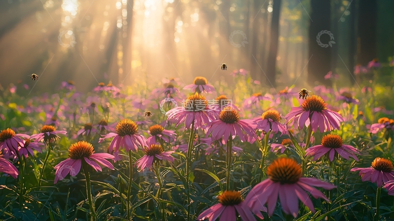 高清大图下载【趣麦麦图】阳光穿透森林照亮花田