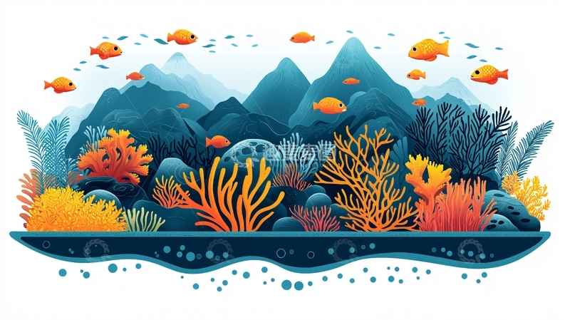 高清大图下载【趣麦麦图】卡通海底世界山脉鱼群