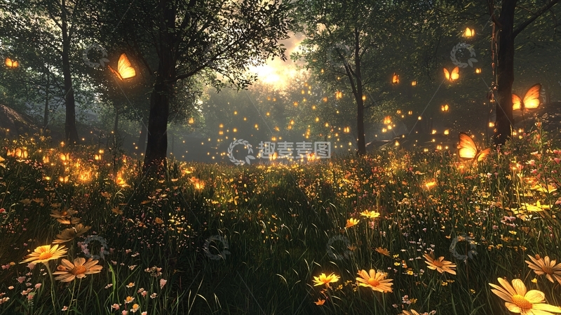 高清大图下载【趣麦麦图】森林中萤火虫飞舞的场景