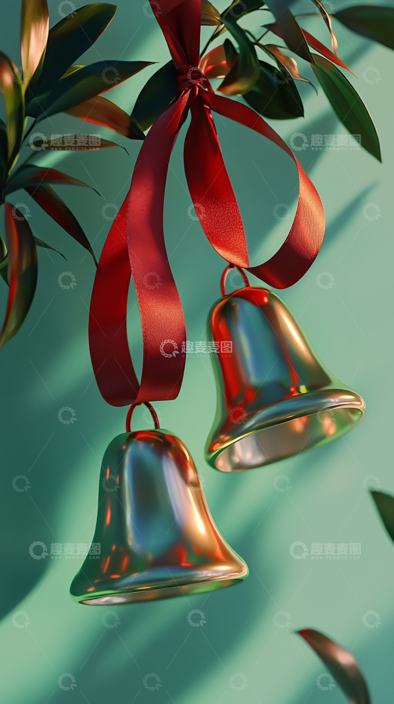 高清大图下载【趣麦麦图】红丝带铃铛绿叶背景