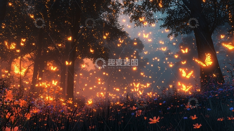 高清大图下载【趣麦麦图】萤火虫蝴蝶森林