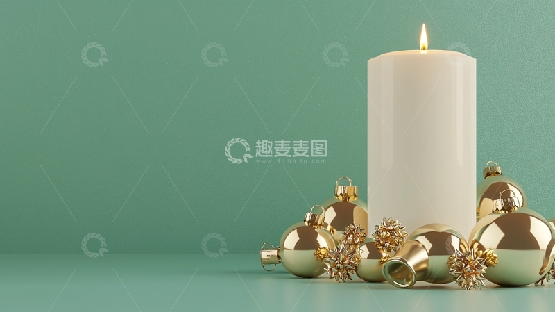 高清大图下载【趣麦麦图】绿背景白色蜡烛金色装饰