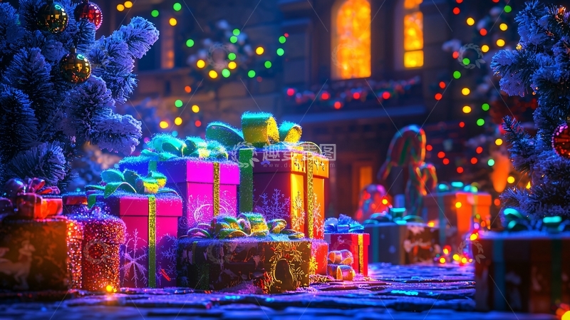 高清大图下载【趣麦麦图】圣诞节夜晚礼物堆积如山