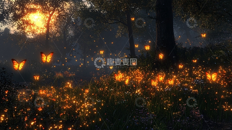 高清大图下载【趣麦麦图】夜间萤火飞舞的场景