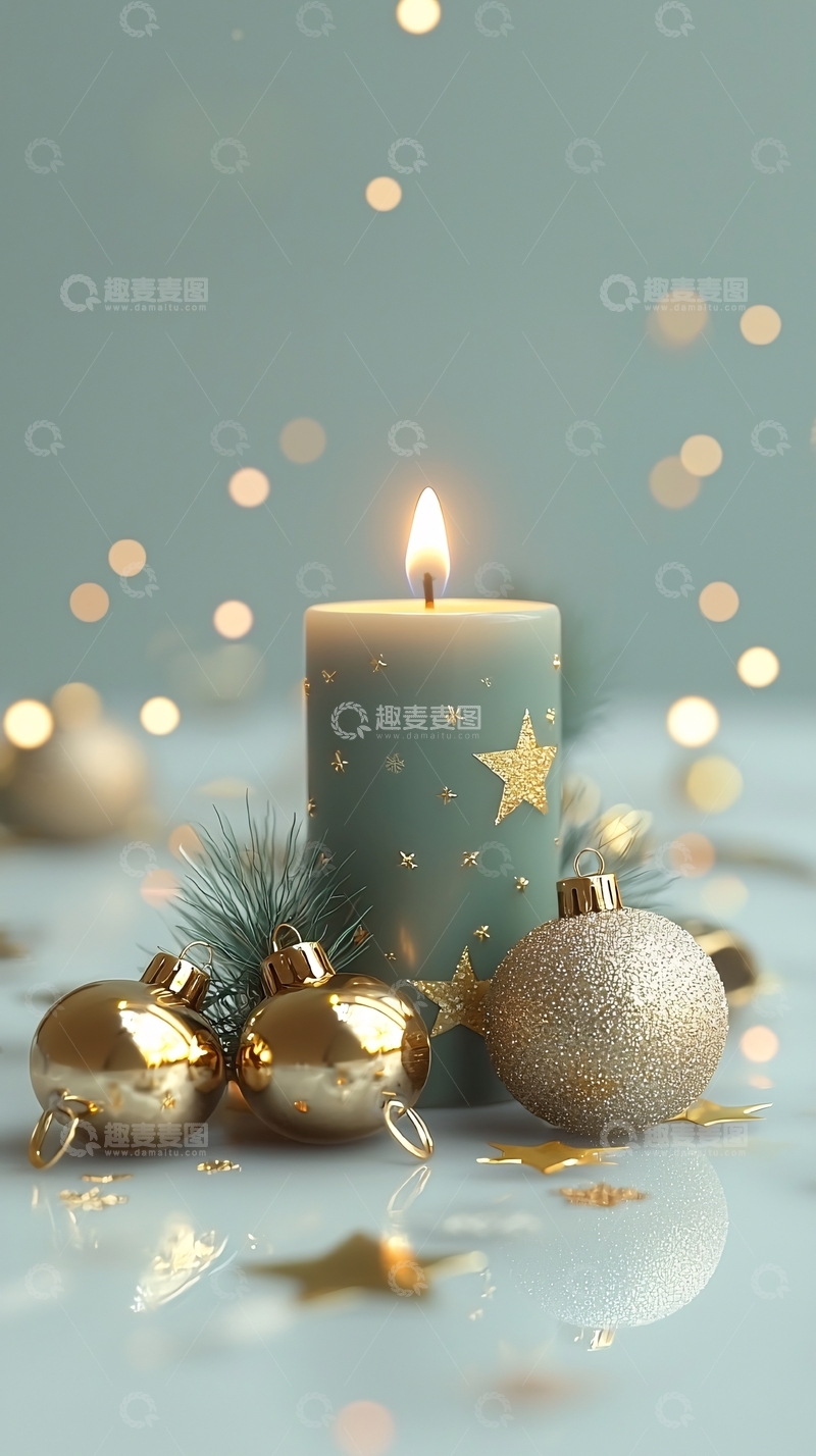 高清大图下载【趣麦麦图】青绿色蜡烛星光圣诞装饰