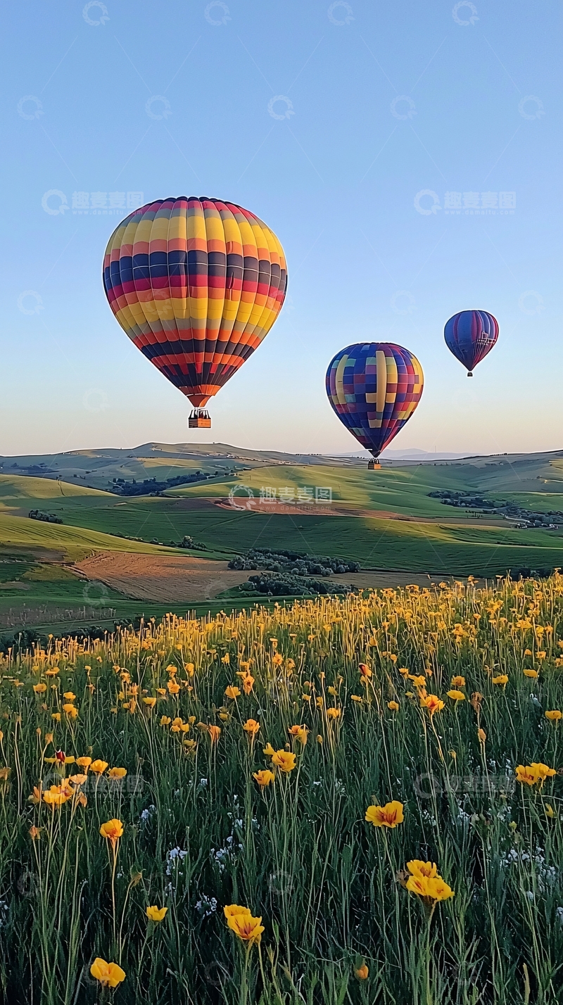 高清大图下载【趣麦麦图】热气球飞跃托斯卡纳花田