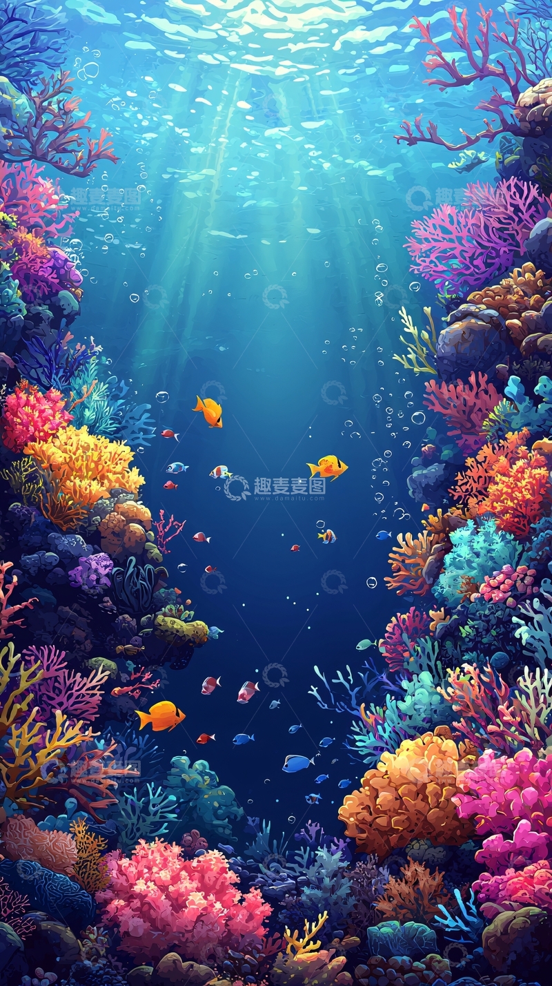 高清大图下载【趣麦麦图】海底珊瑚礁和小鱼群