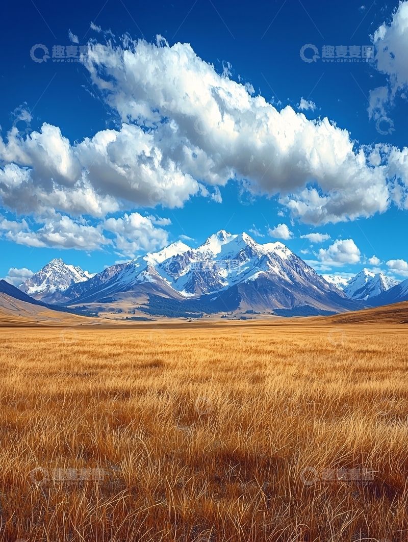 高清大图下载【趣麦麦图】蓝天白云下的雪山草地
