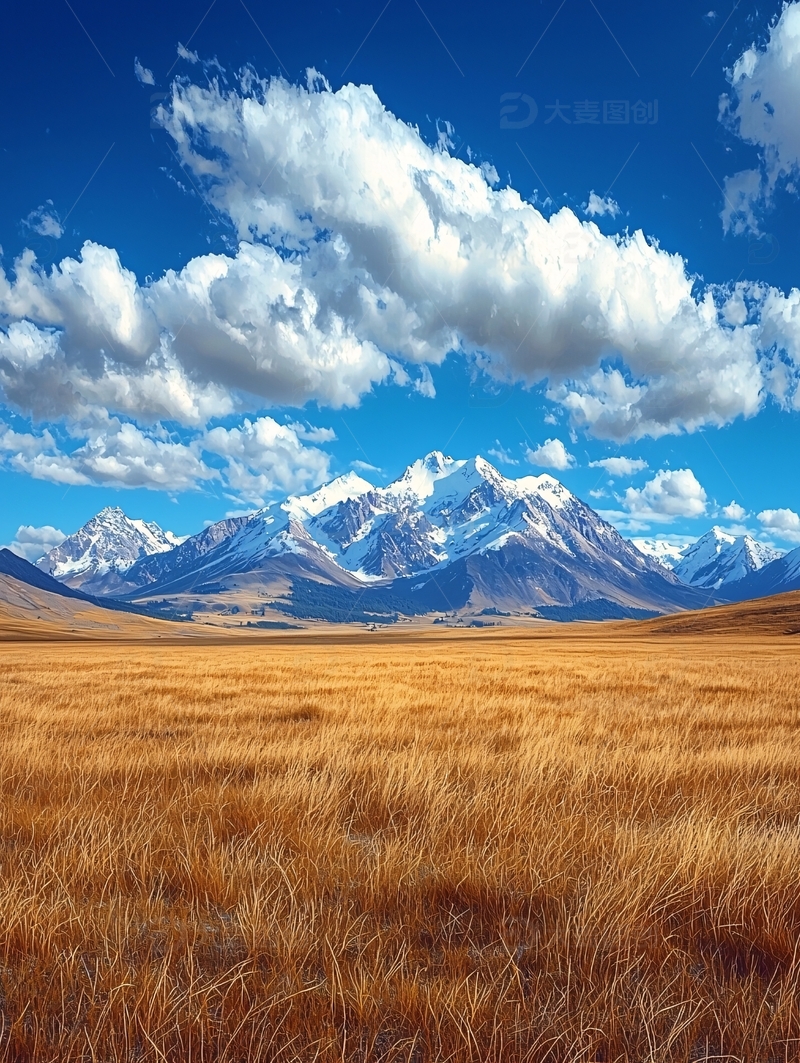 高清大图下载【趣麦麦图】蓝天白云下的雪山草地