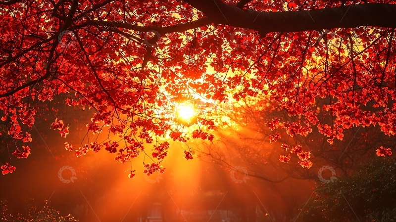 高清大图下载【趣麦麦图】阳光穿透红叶的美景