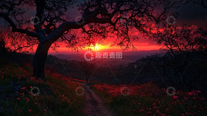 高清大图下载【趣麦麦图】壮丽日落下的树木