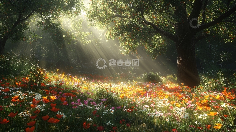 高清大图下载【趣麦麦图】阳光穿过树林洒在花地上