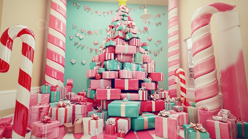 高清大图下载【趣麦麦图】粉色圣诞树礼物堆