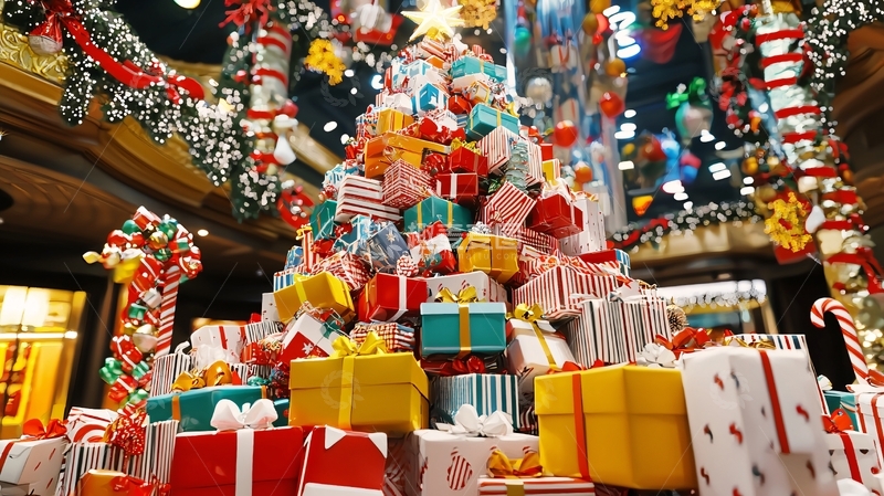 高清大图下载【趣麦麦图】圣诞礼物堆成的圣诞树