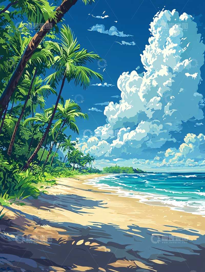 高清大图下载【趣麦麦图】热带海滩椰树白云蓝天