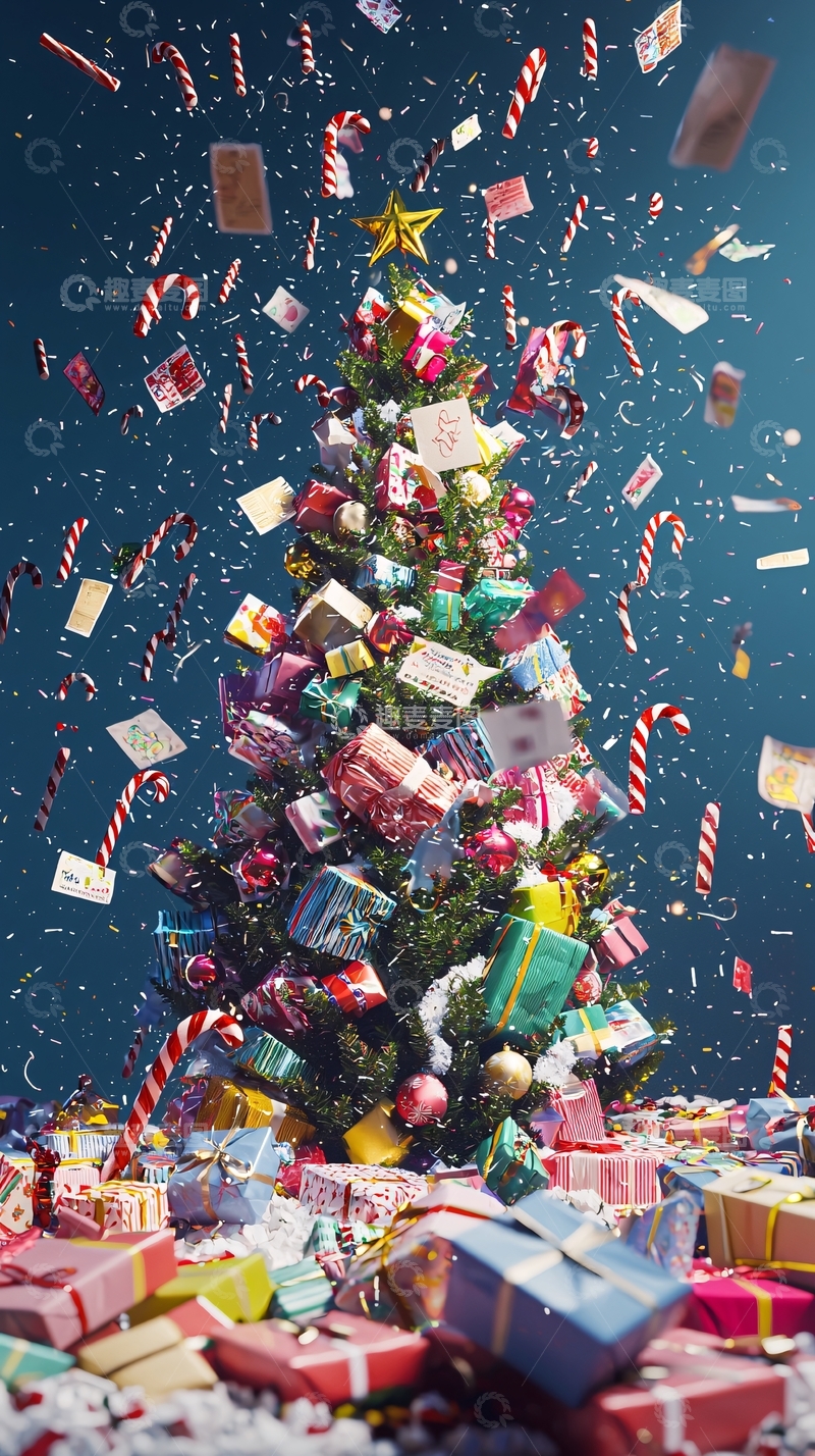 高清大图下载【趣麦麦图】圣诞树礼物堆积如山