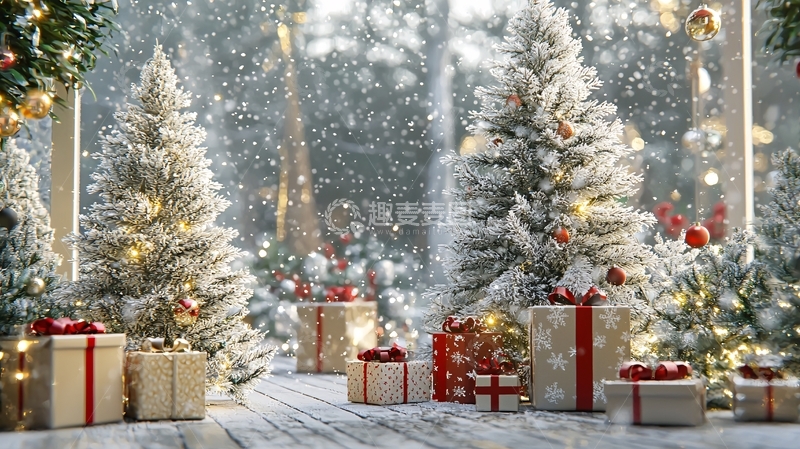 高清大图下载【趣麦麦图】下雪的圣诞树和礼物