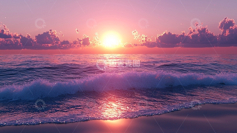 高清大图下载【趣麦麦图】粉色天空下的海滩日落
