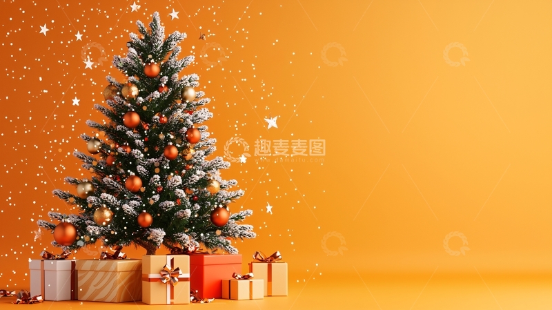 高清大图下载【趣麦麦图】橙色背景圣诞树礼物