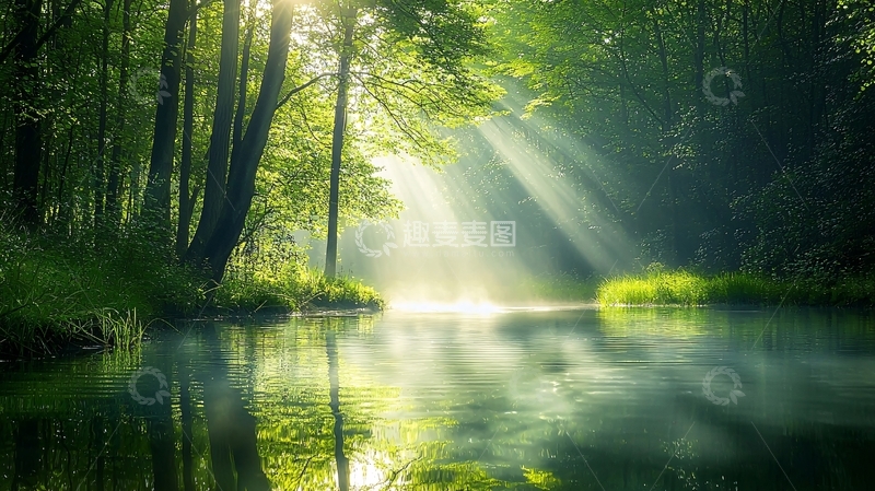 高清大图下载【趣麦麦图】阳光穿过森林照亮水面