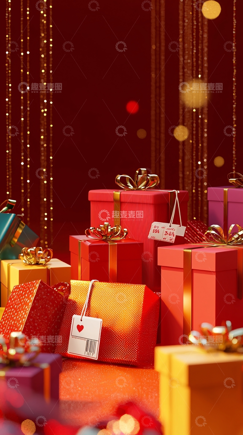 高清大图下载【趣麦麦图】红色背景下堆叠的彩色礼盒