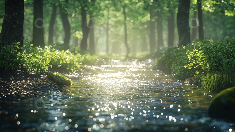 高清大图下载【趣麦麦图】阳光穿过树林的小溪