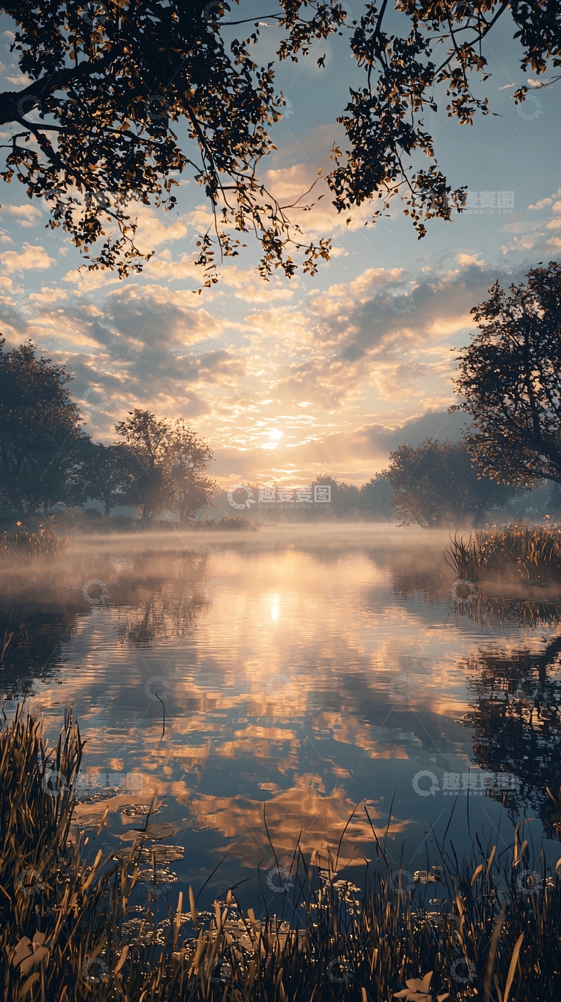 高清大图下载【趣麦麦图】平静湖面上的日出