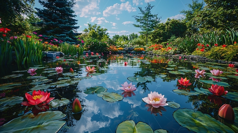 高清大图下载【趣麦麦图】平静池塘中睡莲盛开