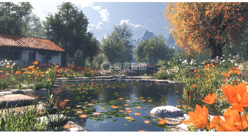 高清大图下载【趣麦麦图】宁静池塘边的乡村小屋