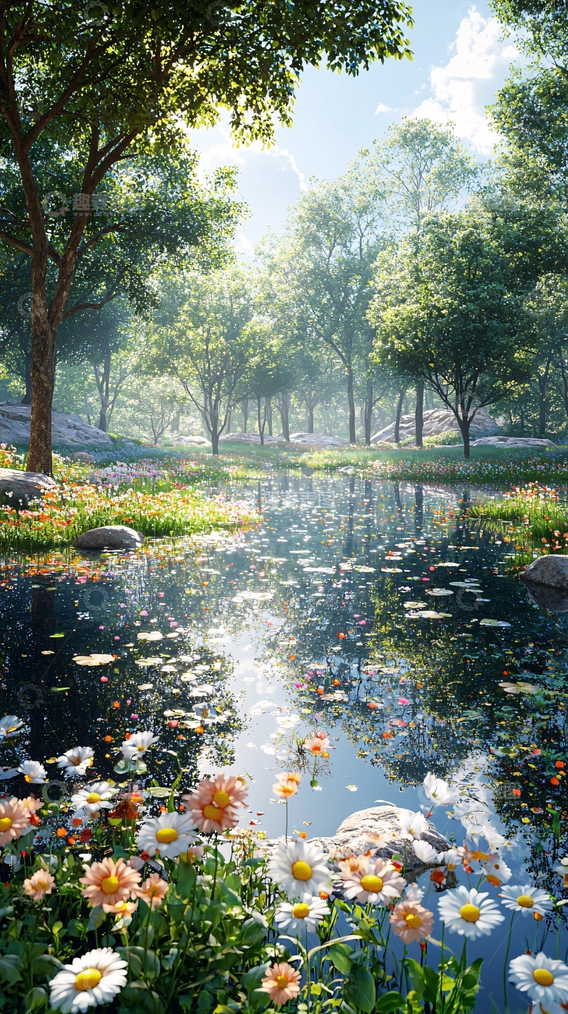 高清大图下载【趣麦麦图】宁静的森林湖畔花卉