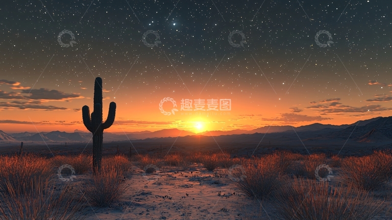 高清大图下载【趣麦麦图】沙漠仙人掌的日落星空