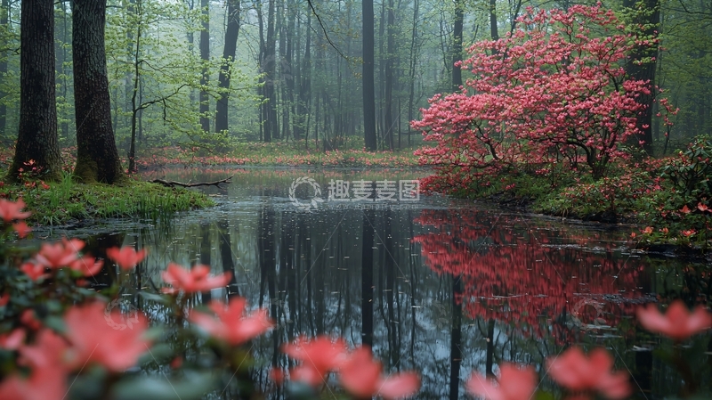 高清大图下载【趣麦麦图】宁静森林湖畔的春日景象