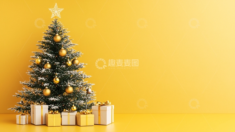 高清大图下载【趣麦麦图】黄色背景圣诞树