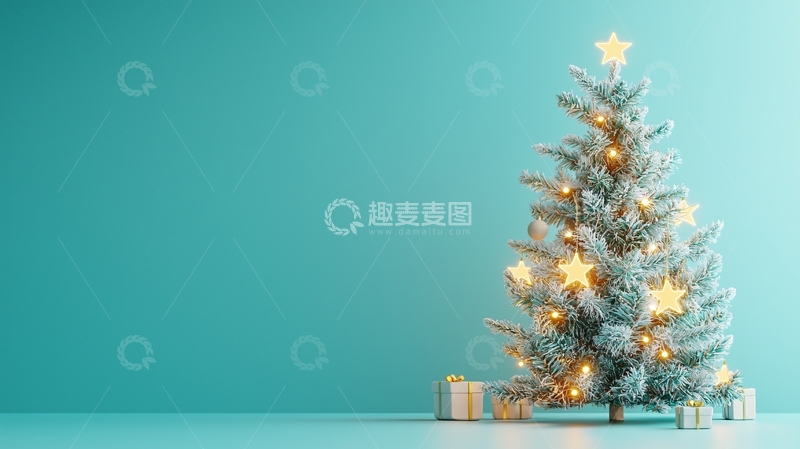 高清大图下载【趣麦麦图】蓝绿色背景下圣诞树