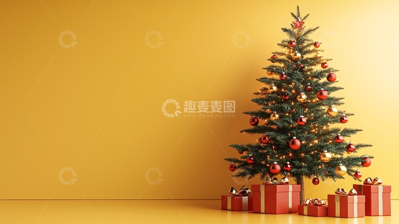 高清大图下载【趣麦麦图】黄色背景圣诞树
